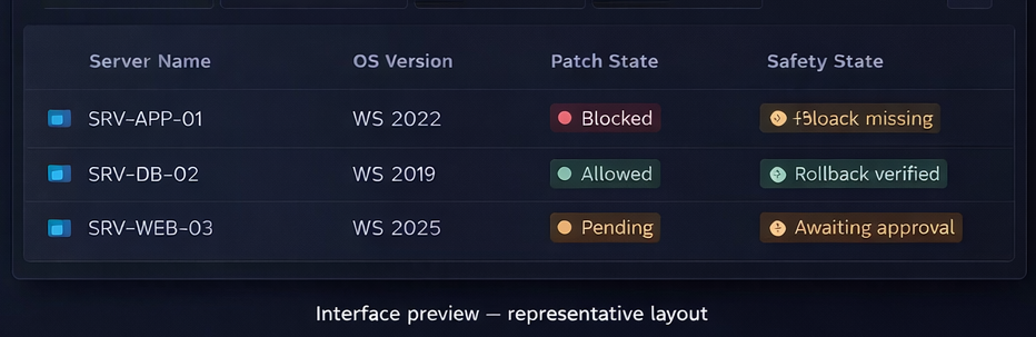PatchPilot operational dashboard showing server patch and safety states