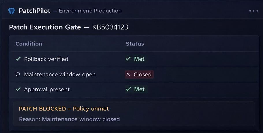 PatchPilot policy gate blocking patch execution due to unmet conditions